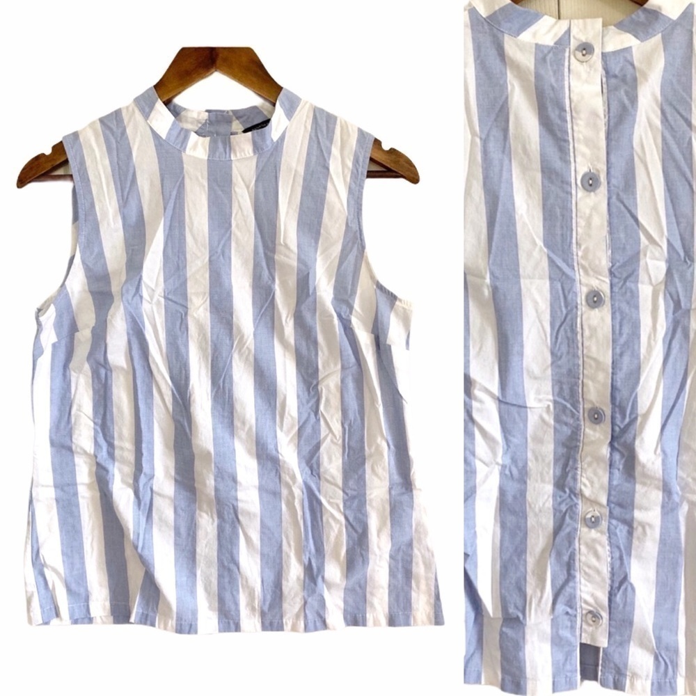 Banana Republic Blue Stripe Button Back Sleeveless Blouse